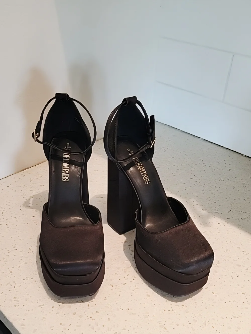 Dream Pairs Black Satin Platform Block Heels with Ankle Strap | Size 9
